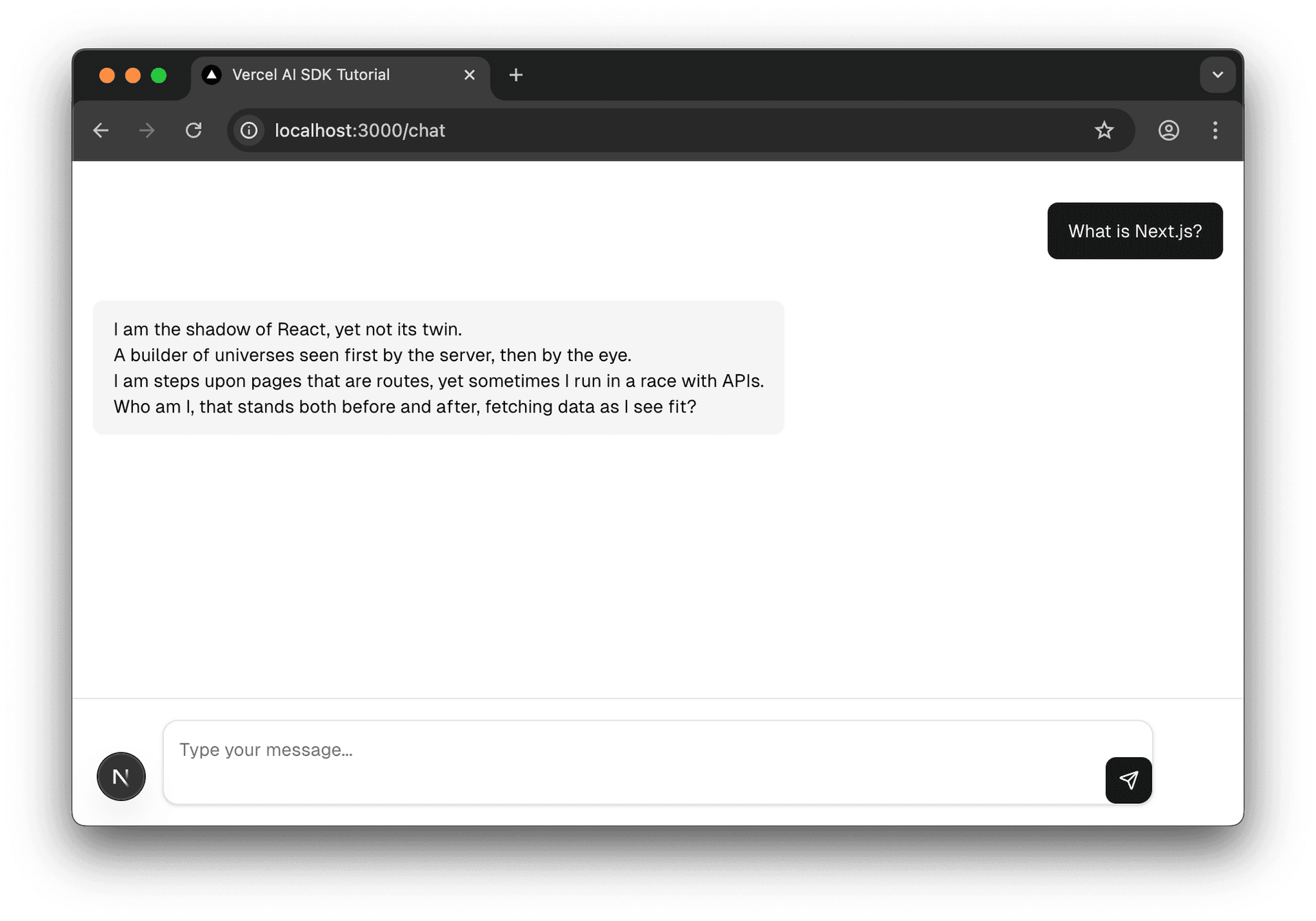 Screenshot of chat UI. User asks 'What is Next.js?'. AI responds with a confusing riddle instead of a direct answer.