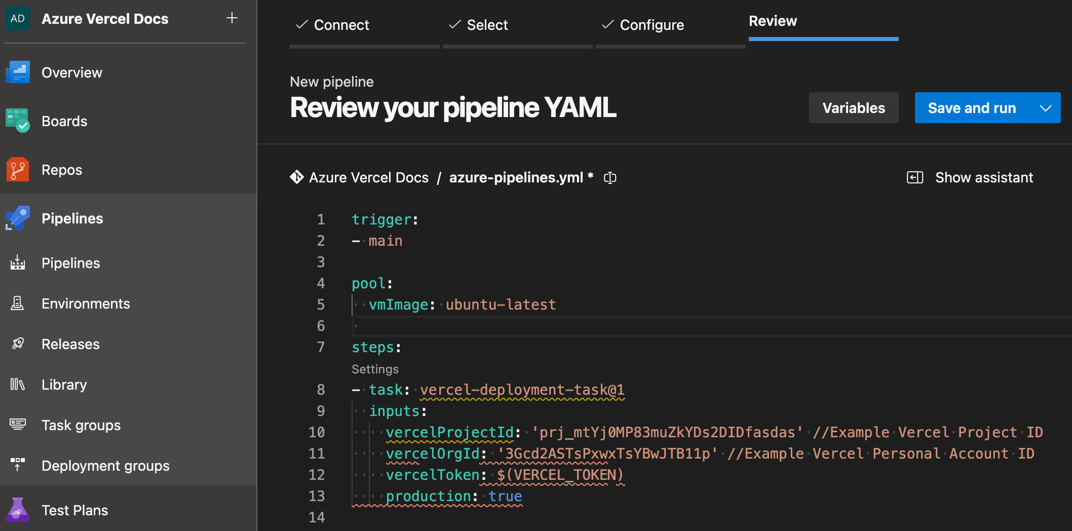 Azure Pipelines creation at the review stage to create variables and save/edit your pipeline