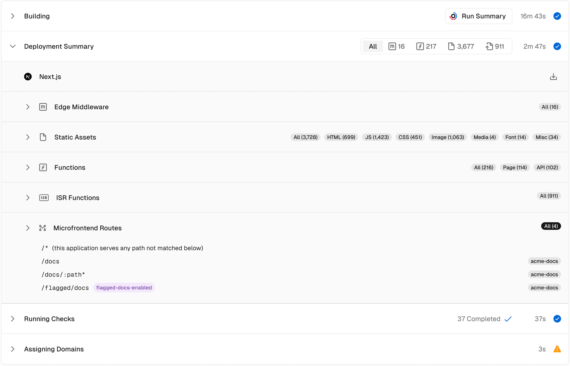 Listing of all paths served by a microfrontend in the Deployment Summary.