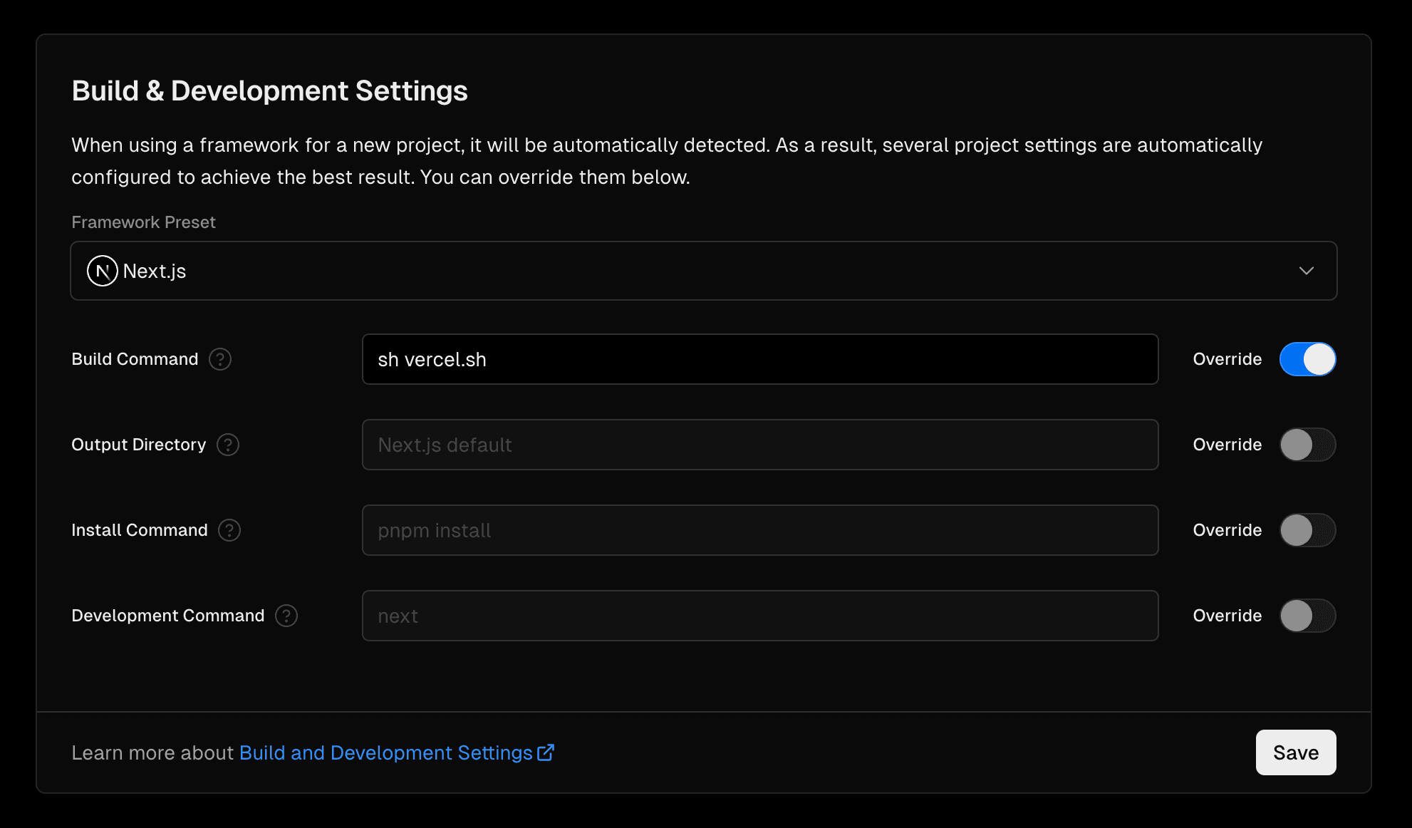 A project using `sh vercel.sh` for its Build Command