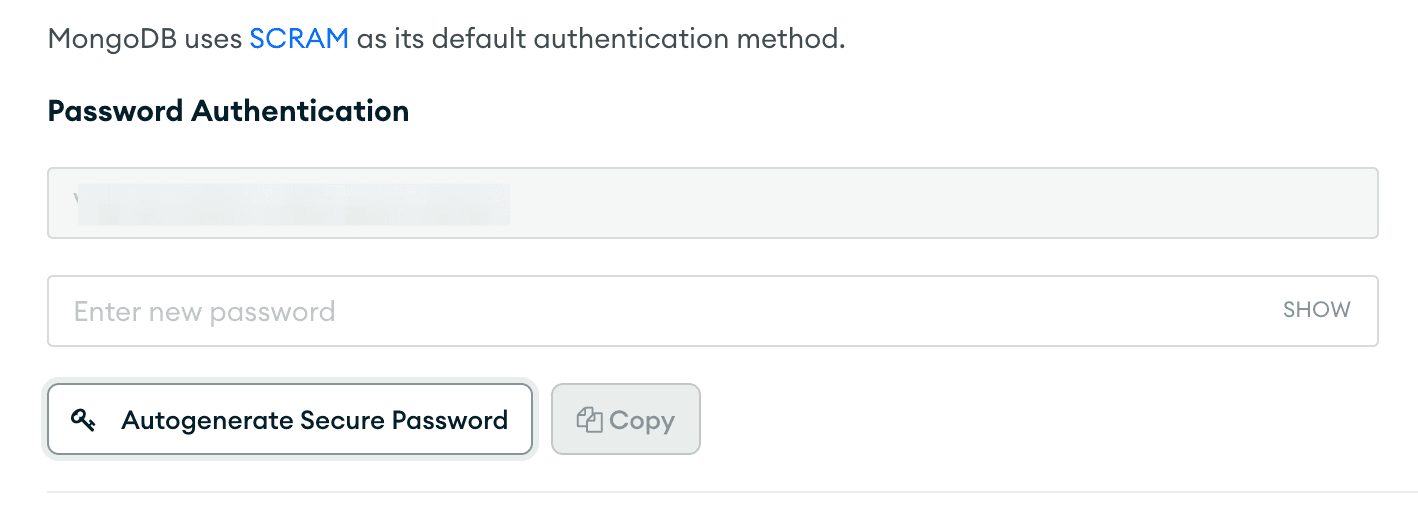 A section of the MongoDB database user edit form. "Edit Password" has been clicked, so a button is visible to autogenerate a secure password.
