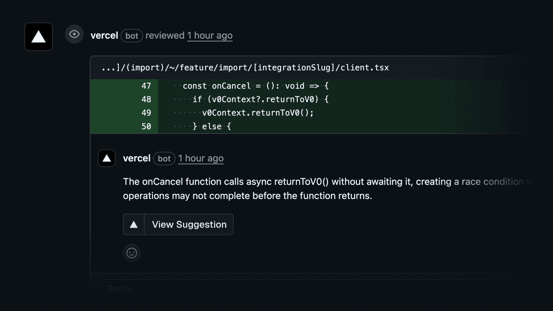 Vercel Agent - Review suggestions on dashboard