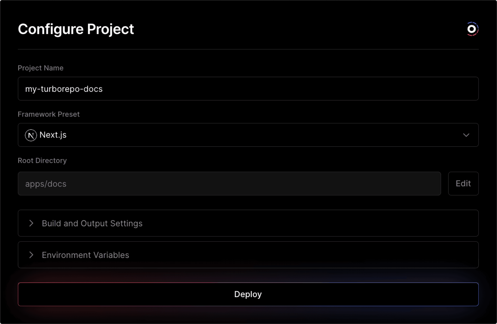 Settings to deploy a project from your Turborepo.